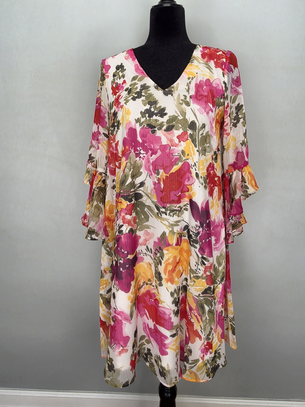 Calvin Klein Pink Multi Floral V-Neck Bell Sleeve Tunic